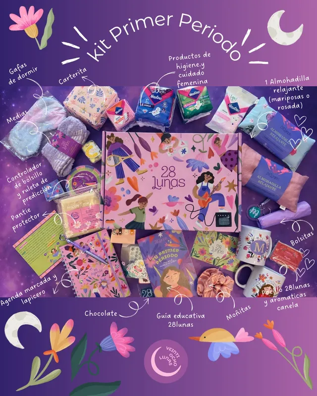 Infografía que detalla los productos incluidos en el Kit Primera Menstruación 28Lunas
