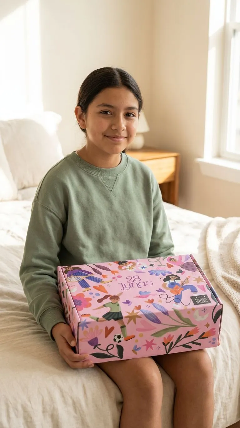 Niña sosteniendo la caja del Kit Primera Menstruación 28Lunas